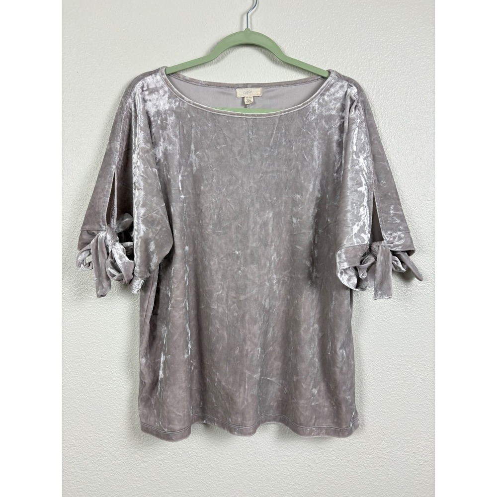 Cupio Blush Women's XL Silver Gray Crushed Velvet Top Tie Sleeve Stretch